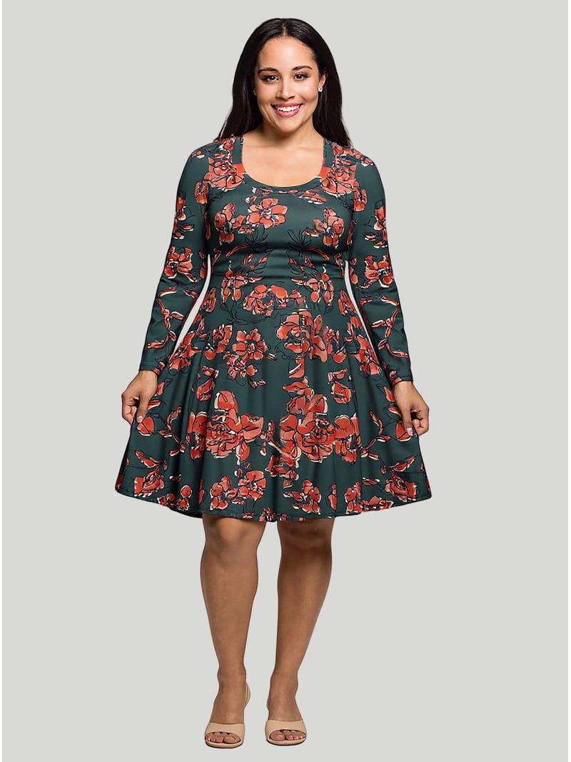 long sleeve skater dress floral 24seven Comfort Apparel Plus Size Long Sleeve Fit and Flare Dress - Orange Multi