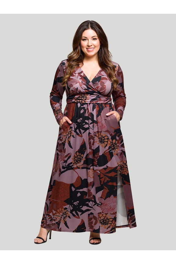 Plus Size Floral Long Sleeve Side Slit Maxi Dress