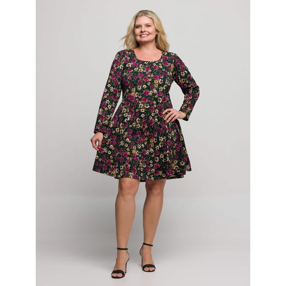Plus Size Floral Long Sleeve Skater Dress