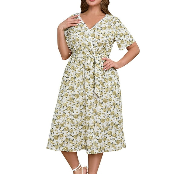 Plus Size Floral Midi Dress for Women V Neck Wrap Tie Waist A-Line Summer Casual Boho Short Sleeve Dresses