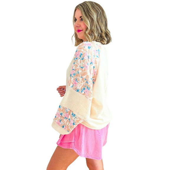 Plus Size Floral Patchwork Ribbed Puff Sleeve Top - Apricot - [ZhiHiMeRi] | (US 14W-16W)1X