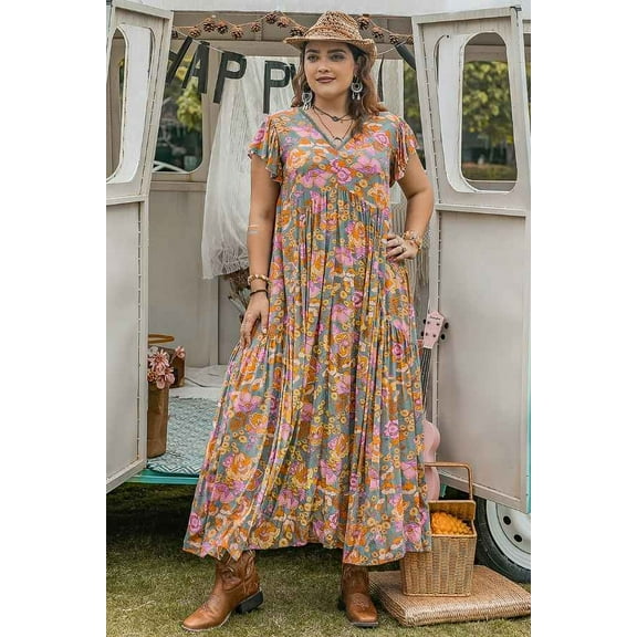 Plus Size Floral Print Butterfly Sleeve Belted Dress (2XL, MultiPink)