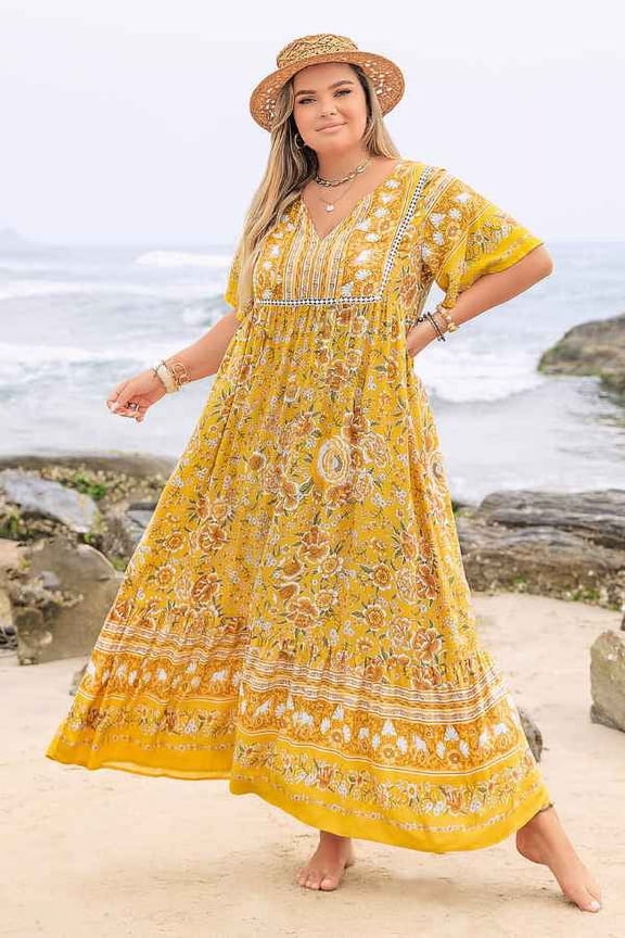 Plus Size Floral Print Butterfly Sleeve Smock Dress (3XL, MultiYellow)