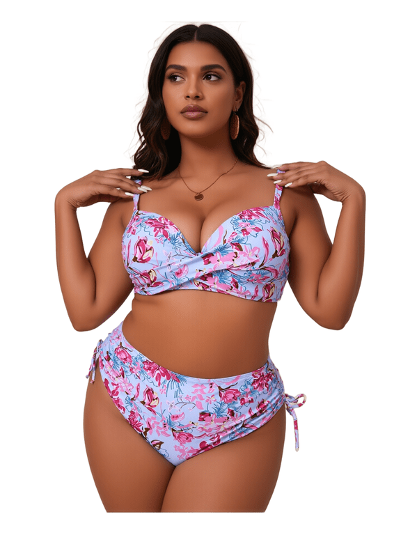 Plus Size Floral Print Drawstring Separates Bikini Set