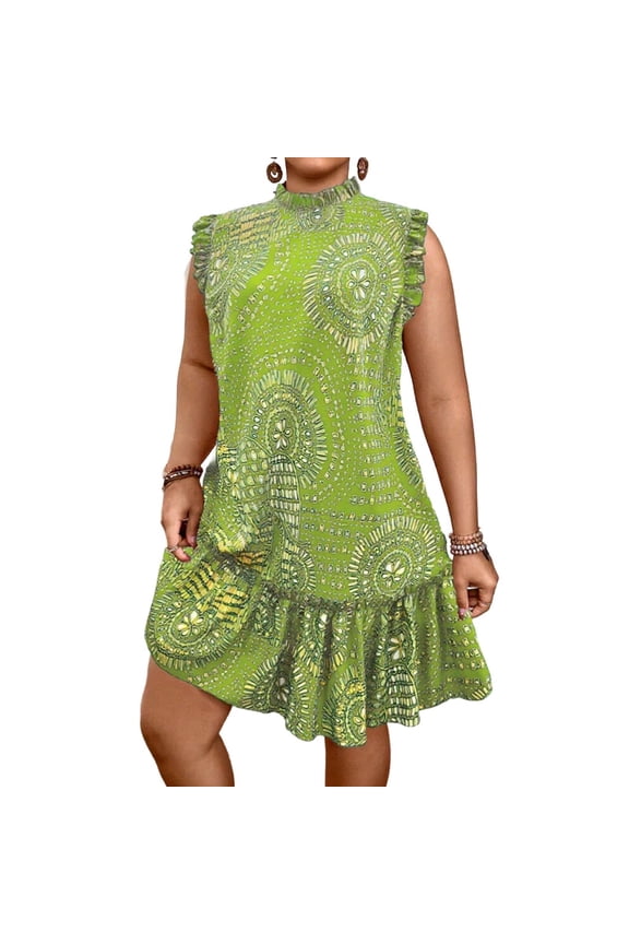 Plus Size Floral Print Dress for Women Flutter Sleeve Dress Mock Neck Midi Dress with Ruffle Hem Summer Resort Wear Green XL