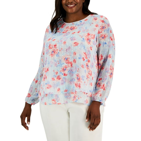 Plus Size Floral-Print Embellished Blouse Ocean Sky/Multi 2X