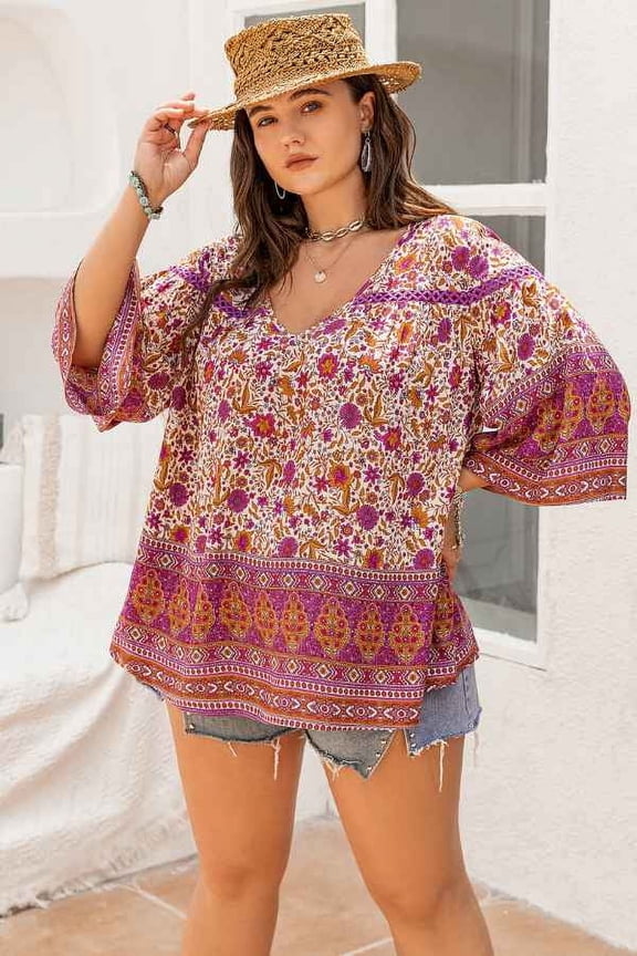 Plus Size Floral Print Flounce Sleeves Blouse (3XL, MultiPurple)
