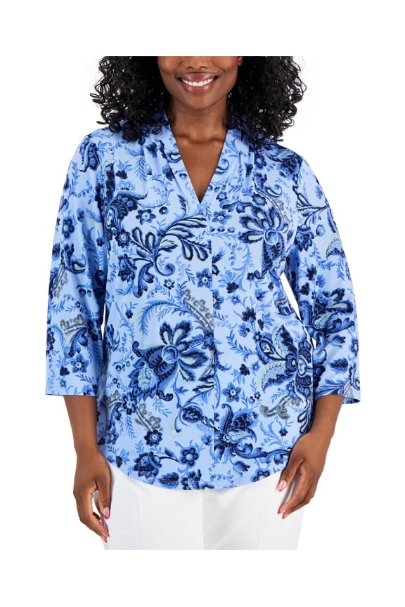 Plus Size Floral-Print Front-Pleat Top Watery Blue Combo 1X