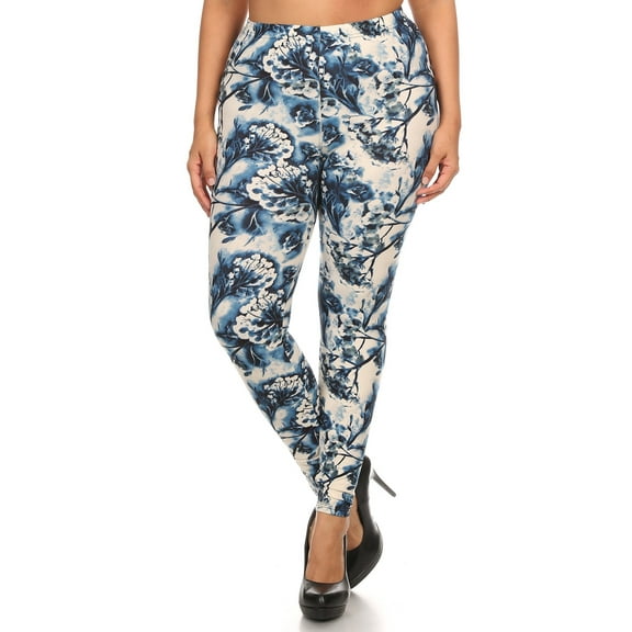 Plus Size Floral Print, Full Length Leggings In A Slim Fitting Style With A Banded High Waist Multi