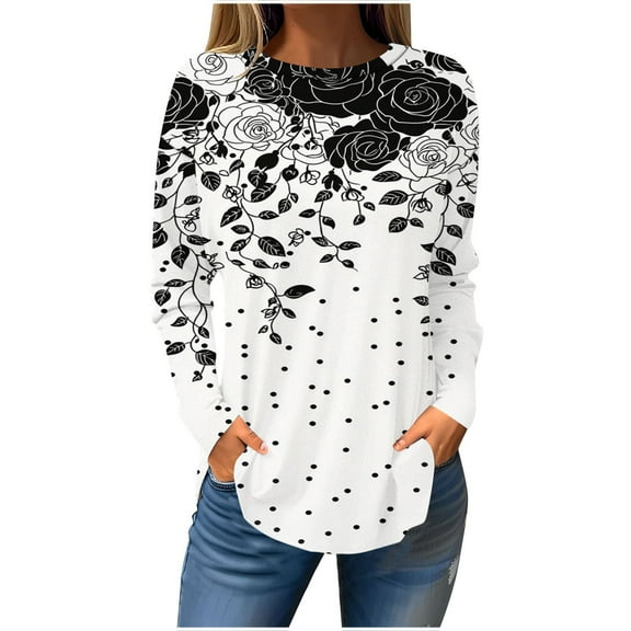 Plus Size Floral Print Shirts for Women Long Sleeve Basic Tee Fall Trendy Top Casual Beach Vacation Clothes 2025