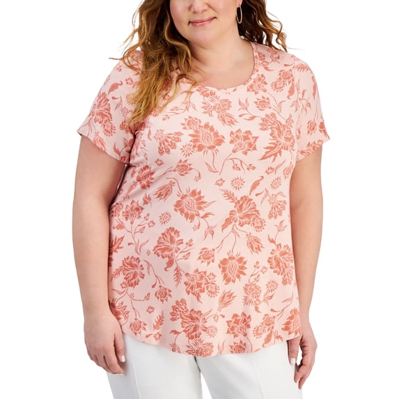 Plus Size Floral Print Short-Sleeve Top Rose Tint Combo 2X