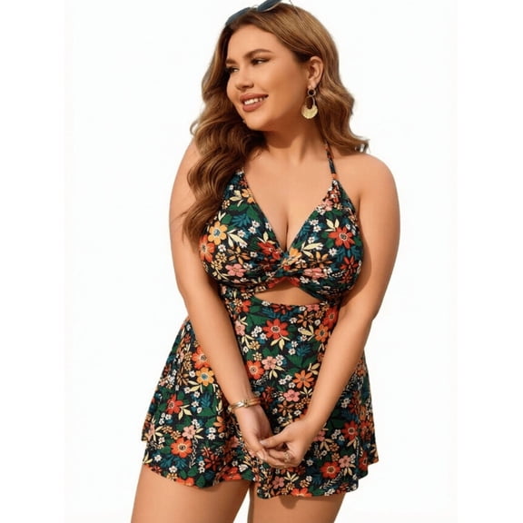 Women's Plus Size One Piece Swimdress Floral Print V Neck Flowy Skirted Cutout for Beach Pool
