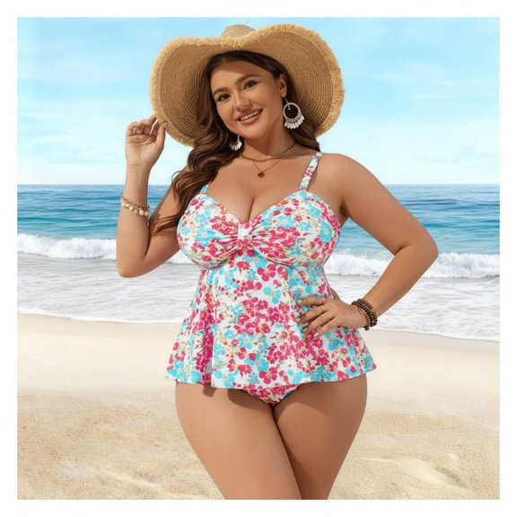 Plus Size Floral Print Tankini Swimsuit Set - Multicolor Flowy Top