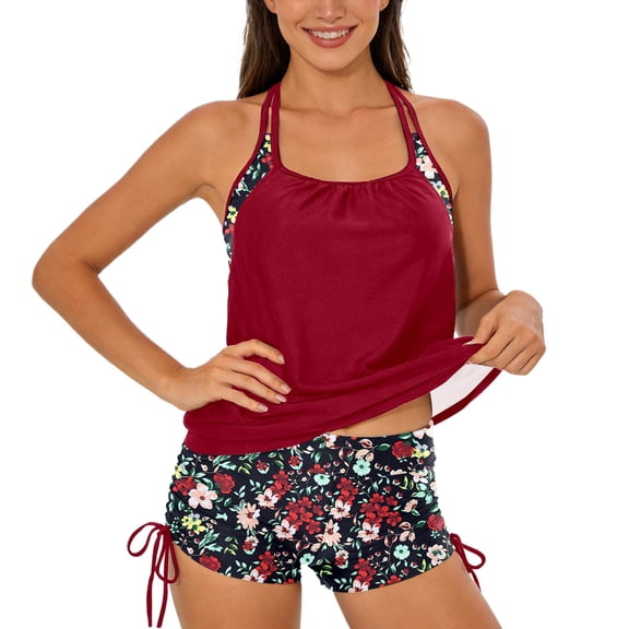 Plus Size Floral Print Tankini Swimwear Two Piece Swimsuit With High Waist Bottom And