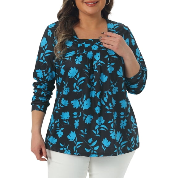 Plus Size Floral Print Tops for Women Square Neck Long Sleeve Pleated Tunic Dressy Casual Blouses 1X Blue