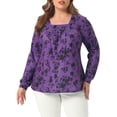 thumbnail image 1 of Plus Size Floral Print Tops for Women Square Neck Long Sleeve Pleated Tunic Dressy Casual Blouses 1X Purple, 1 of 6