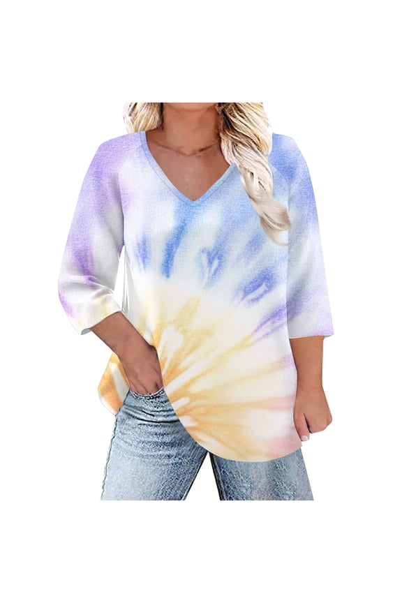Plus Size Floral Print Tops for Women Trendy Casual V Neck Graphic Tee Tshirts Loose Fit 3/4 Sleeve Clothes (4XL, Purple|Tie Dye)