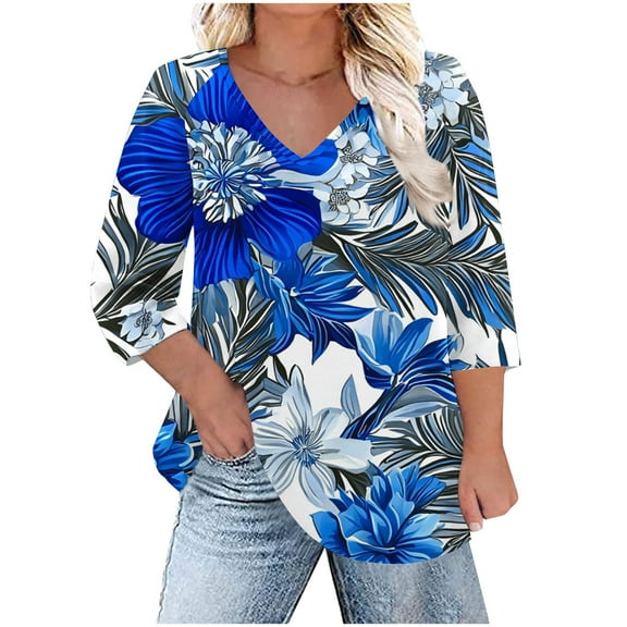 Plus Size Floral Print Tops for Women Trendy Casual V Neck Graphic Tee Tshirts Loose Fit 3/4 Sleeve Clothes (L, Blue)