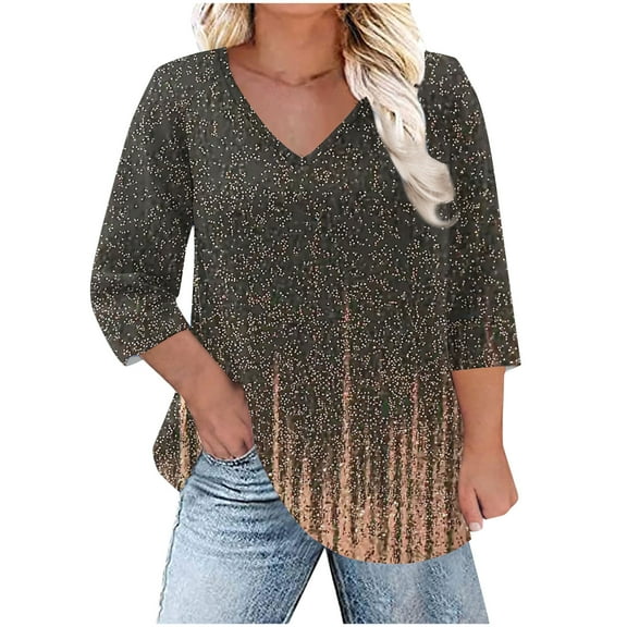 Plus Size Floral Print Tops for Women Trendy Casual V Neck Graphic Tee Tshirts Loose Fit 3/4 Sleeve Clothes (L, Khaki)