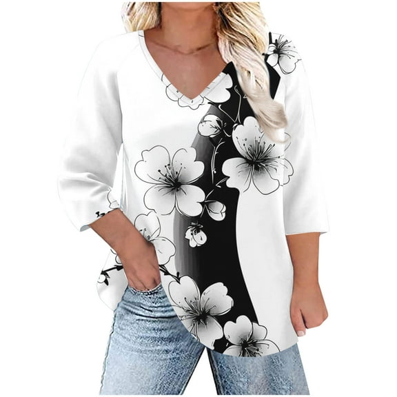 Plus Size Floral Print Tops for Women Trendy Casual V Neck Graphic Tee Tshirts Loose Fit 3/4 Sleeve Clothes (L, White)
