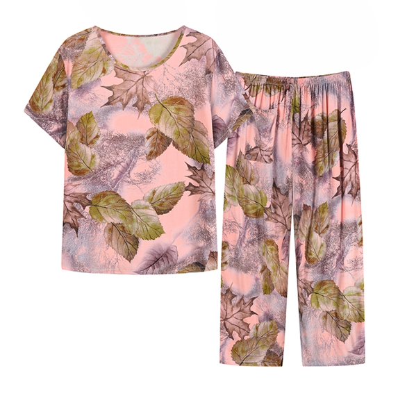 Plus Size Floral Printed Suits for Women 2 Piece O-Neck Short Sleeve Tops Wide Leg Pants Outfits Winter Loose-Fit Loungewear Sets