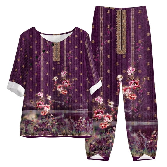 Plus Size Floral Printed Suits for Women 2 Piece O-Neck Short Sleeve Tops Wide Leg Pants Outfits Winter Loose-Fit Loungewear Sets