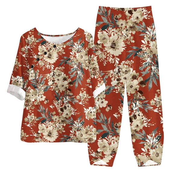 Plus Size Floral Printed Suits for Women 2 Piece O-Neck Short Sleeve Tops Wide Leg Pants Outfits Winter Loose-Fit Loungewear Sets
