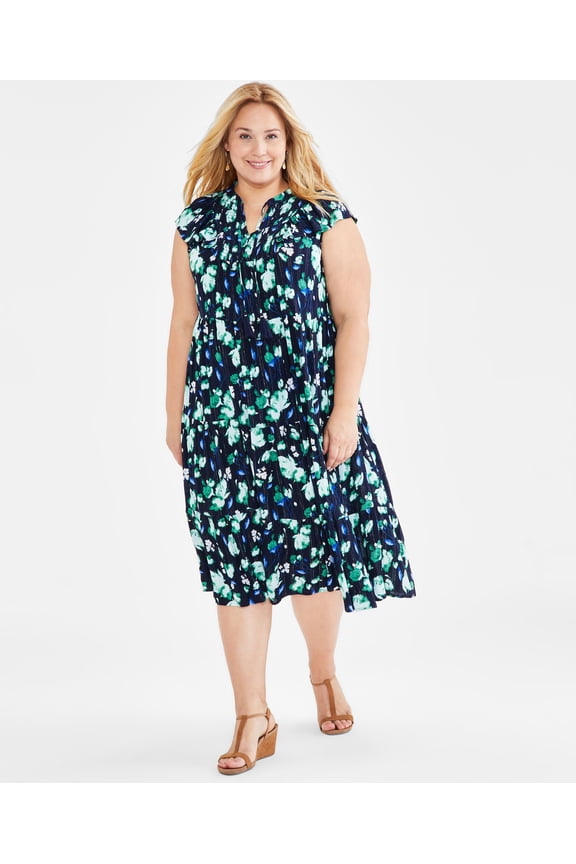 Plus Size Floral Shine Dress Floral Blue 2X
