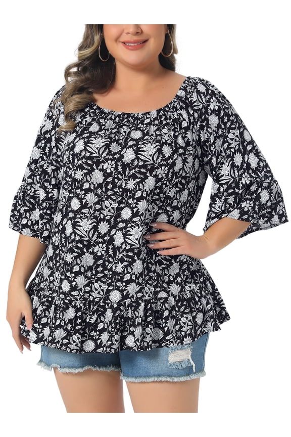 Women's Plus Size Easter Tops Floral Ruffle Hem Crew Neck Off Shoulder Half Sleeve Blouse Summer T-Shirt 1X Black