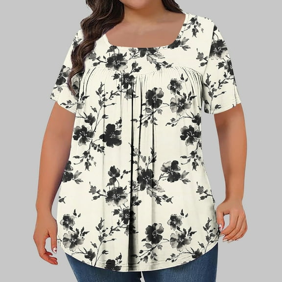 Plus Size Floral Tops for Women,Summer Dressy 2025 Square Neck Pleated Tunic Tops,Short Sleeve Breathable Loose Ruffle Hem Tunic Tops ,L-5XL