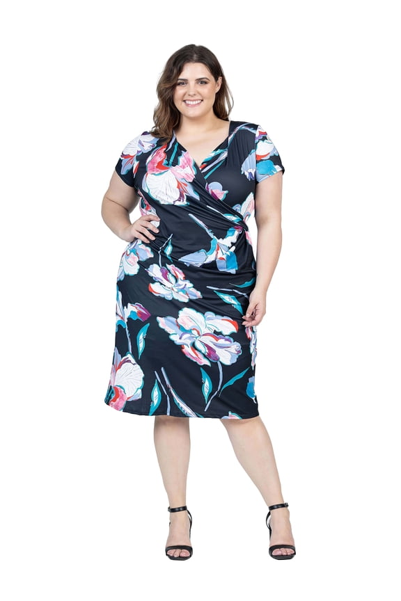 Plus Size Floral V Neck Faux Wrap Dress