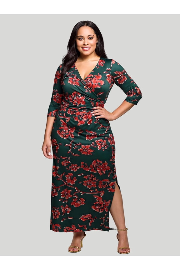 Plus Size Floral V Neck Side Slit Fitted Maxi Dress