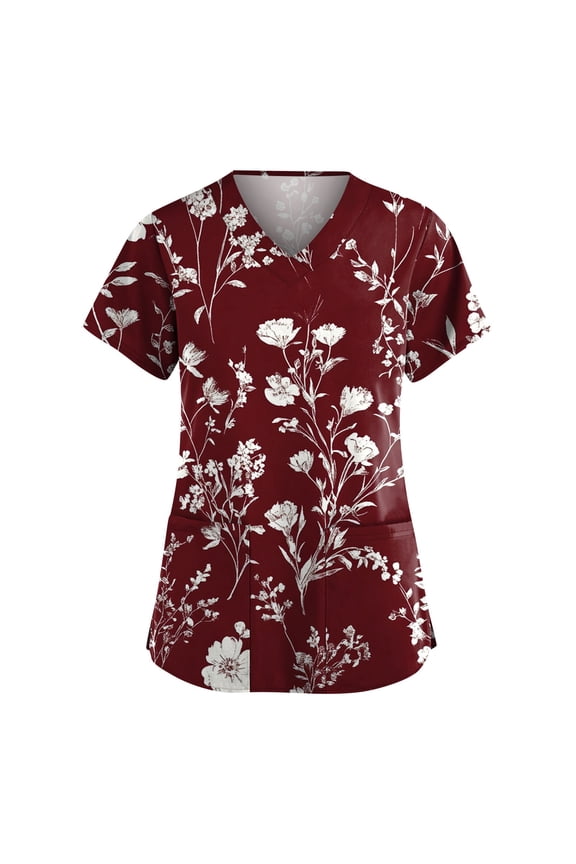 Plus Size Floral V-Neck Workwear Tops, Colourful Print Medical Uniforms Vintage Scrub Tops For Women Scrubs With Pockets Polyester-Spandex Loose Fit Shirts Nurses Dress Red