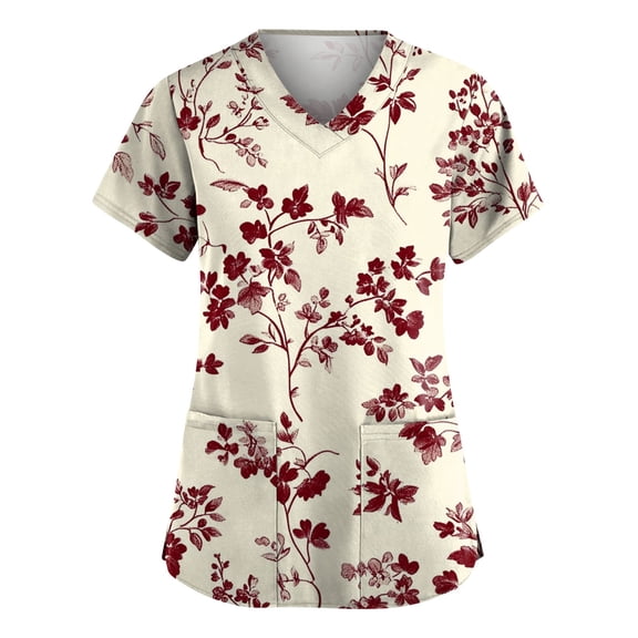 Plus Size Floral V-Neck Workwear Tops, Colourful Print Medical Uniforms Vintage Scrub Tops For Women Scrubs With Pockets Polyester-Spandex Loose Fit Shirts Nurses Dress Red