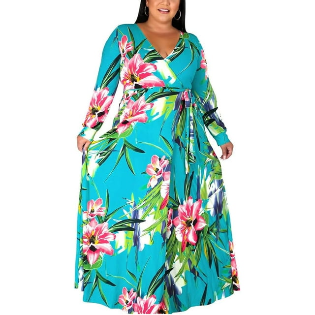 Plus Size Flower Dresses for Curvy Women Sexy Deep V Neck Floral Maxi ...