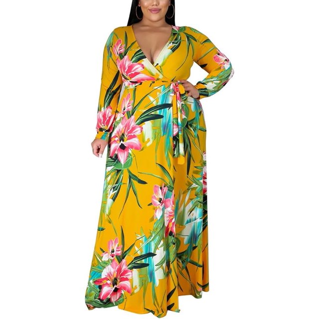 Plus Size Flower Dresses for Curvy Women Sexy Deep V Neck Floral Maxi ...