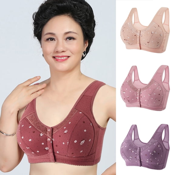 Plus Size Flower Print Wire Free No Pads Nursing Bra Mid-aged Mom Open Front Vest Brassiere-Purple,40