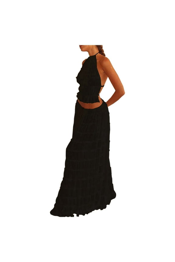 Plus Size Flowy Chiffon Maxi Dress Elegant Pleated Skirt Set With Matching Crop Top Women's Boho Outfit