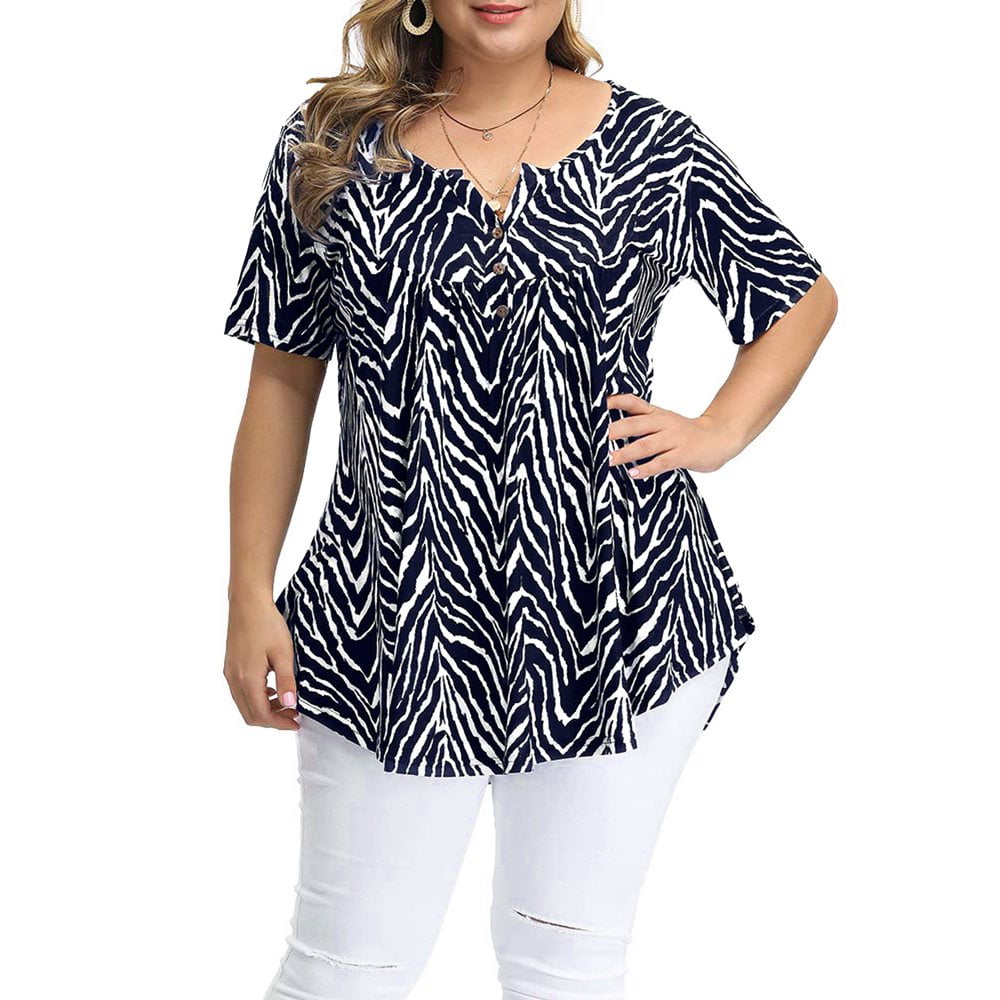 Plus Size Flowy Tunic Tops for Women Short Sleeve Floral Blouses Button