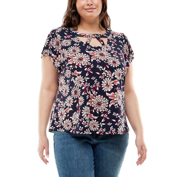 Plus Size Flutter Sleeve With Neck Bands Top Wild Bouquet 3X