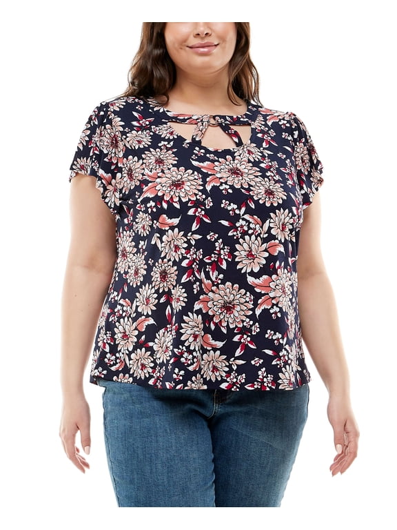 Plus Size Flutter Sleeve With Neck Bands Top Wild Bouquet 3X