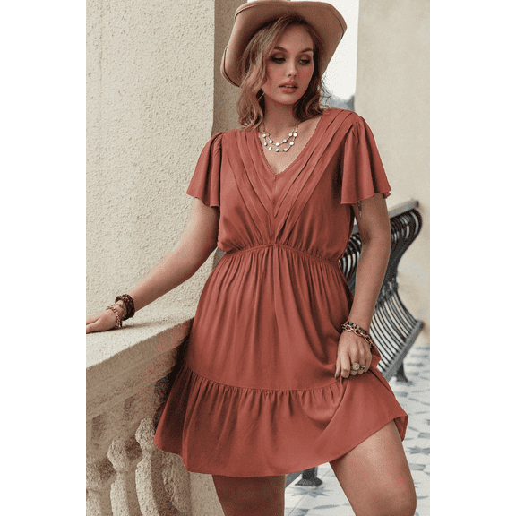 Plus Size Fold Detail Flutter Sleeve Ruffle Hem Dress (3XL, Monk'sRobeBrown)