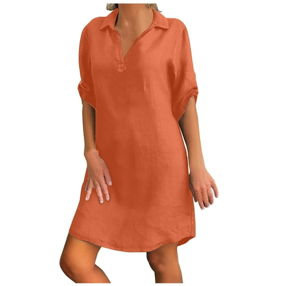Plus Size Formal Dresses for Women Fashion Casual Loose Solid Color V-Neck 3/4 Sleeve Dress Sundress Regular Size Polyester Fabric Beach Maxi Dress Style-459 Orange XL