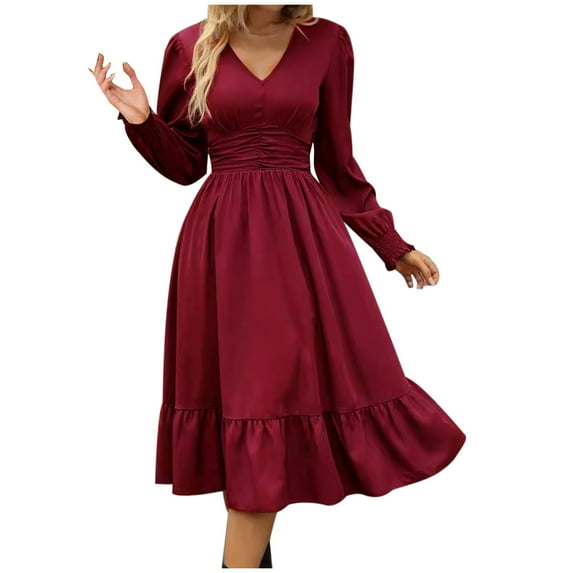 Plus Size Formal Dresses Women Fashion Leisure Solid Color Dresses Long Sleeve V-Neck Flowy Autumn Winter Dresses High Elastic Waist Dresses Size S-2XL