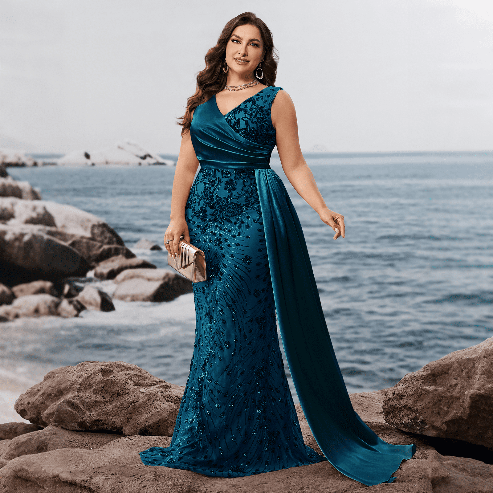 chinese dress ladies Plus Size Back Lace Up Sequin Mermaid Dress Blue / 5XL main image 1
