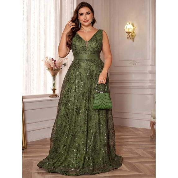 Plus Size Formal Dresses for Women with Embroidery Sequin and V-Neck, A-Line Maxi Dress for Wedding and Cocktail