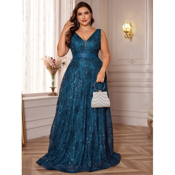 Plus Size Formal Dresses for Women with Embroidery Sequin and V-Neck, A-Line Maxi Dress for Wedding and Cocktail
