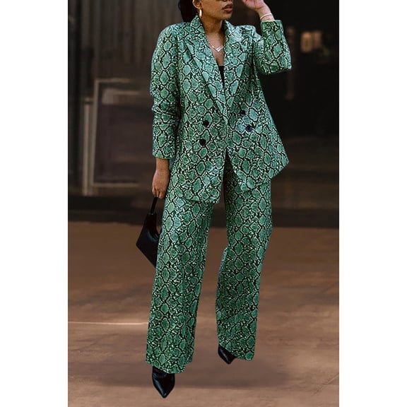 Plus Size Formal Women‘s Pant Set Green Print Lapel Blazer Suit Two Piece Pant Set Business Clothing