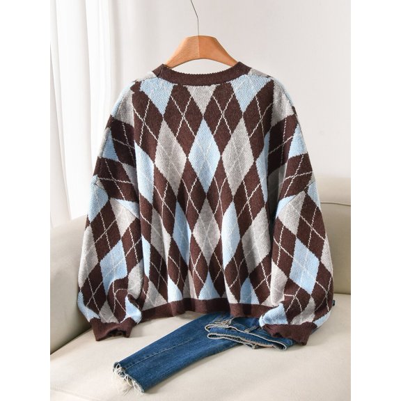 Plus Size French Diamond Pattern Cardigan Elegant Casual Knit Sweater Jacket Brown Top