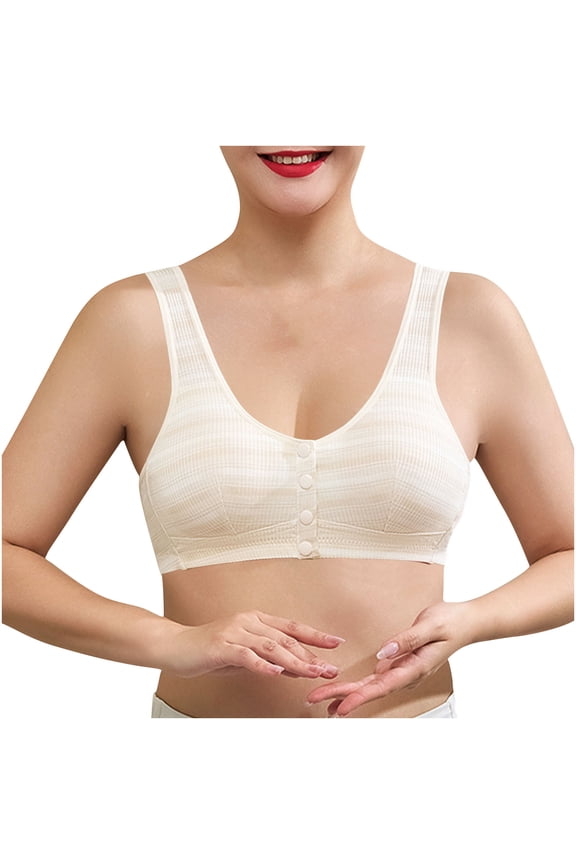 Plus Size Front Closure Bralettes for Women Striped Push-Up T-Shirt Bras Full Coverage Modest No Underwire Senior Bras Beige, 48BCD